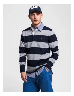 Gant Rugger Original Bar Stripe Rugby Tops In Grey Marle