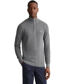 Gant Cotton Pique Half Zip In Grey
