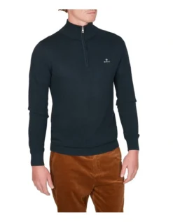 Gant Cotton Pique Half-Zip In Evening Blue