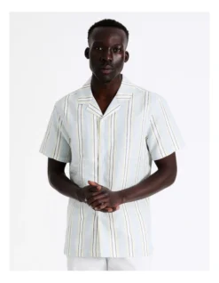Samson Stripe Short Sleeve Linen Blend Shirt In Blue