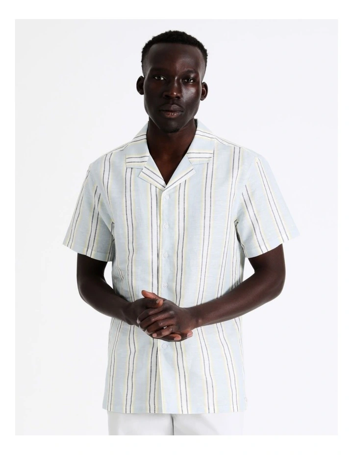 Samson Stripe Short Sleeve Linen Blend Shirt In Blue 3 Samson Stripe Short Sleeve Linen Blend Shirt In Blue