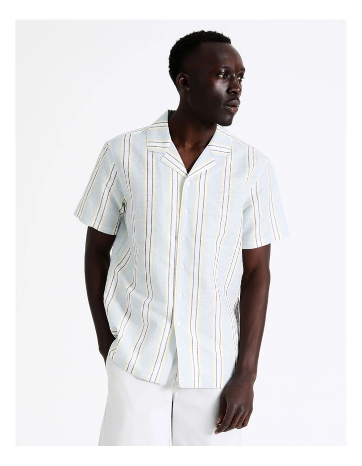 Samson Stripe Short Sleeve Linen Blend Shirt In Blue 6 Samson Stripe Short Sleeve Linen Blend Shirt In Blue - Image 4