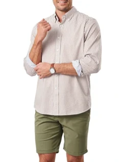 Casual Double Faced Stripe Long Sleeve Shirt In Chestnut