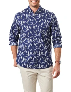 Casual Leaf Print Long Sleeve Shirt In Dark Navy