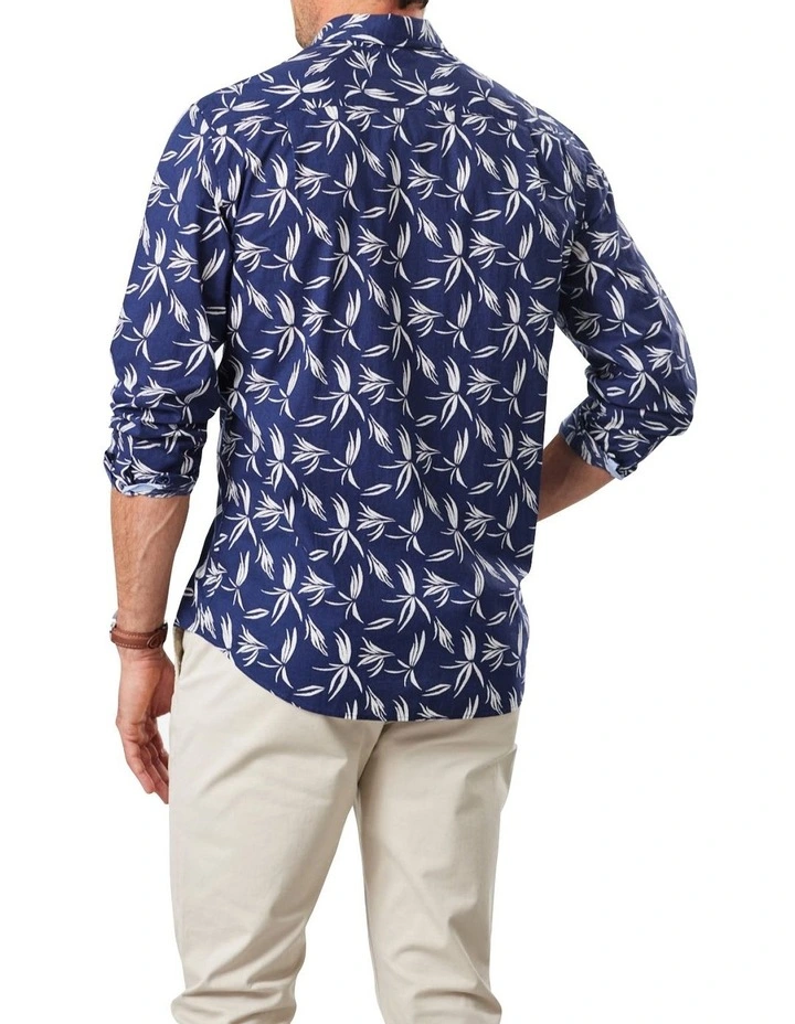 Casual Leaf Print Long Sleeve Shirt In Dark Navy 4 Casual Leaf Print Long Sleeve Shirt In Dark Navy - Image 2
