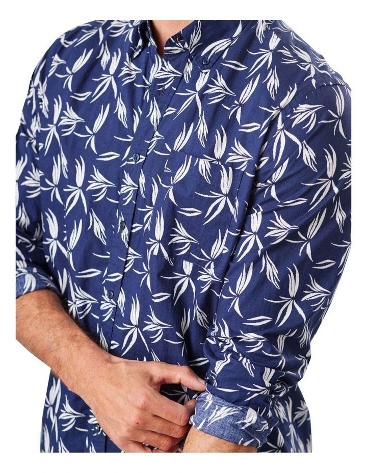 Casual Leaf Print Long Sleeve Shirt In Dark Navy 5 Casual Leaf Print Long Sleeve Shirt In Dark Navy - Image 3