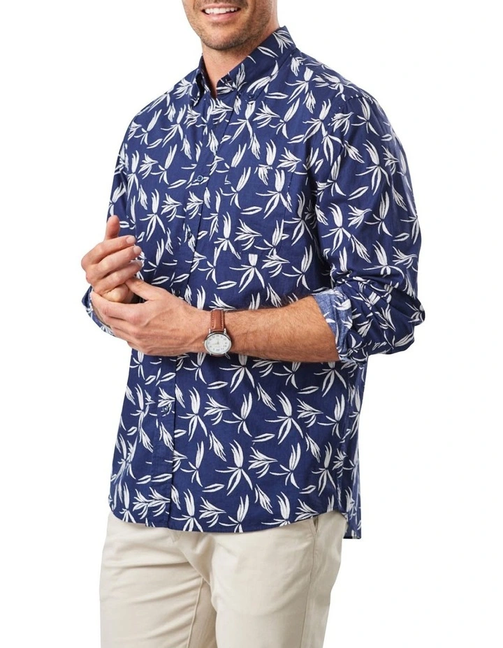 Casual Leaf Print Long Sleeve Shirt In Dark Navy 6 Casual Leaf Print Long Sleeve Shirt In Dark Navy - Image 4