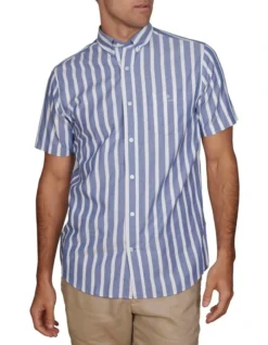 Gant Regular Pastel Oxford Stripe Short Sleeve Shirt In College Blue