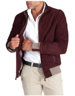 Suede Leather Zip Bomber Jacket