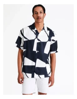 Jack & Jones Abstract Geo Resort Short Sleeve Shirt In Black/White