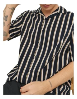 Jack & Jones Tropic Resort Short Sleeve Shirt In Black Stripes -Gant Shop 950201380 5 720x928