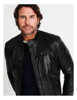 Hindley Stand Collar Leather Jacket In Black