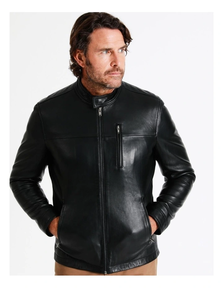 Hindley Stand Collar Leather Jacket In Black 9 Hindley Stand Collar Leather Jacket In Black - Image 7
