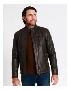 Hindley Stand Collar Leather Jacket In Brown
