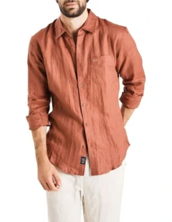 Long Sleeve Linen Shirt In Burnt Orange