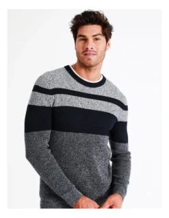 Byron Block Stripe Crew Knit In Navy