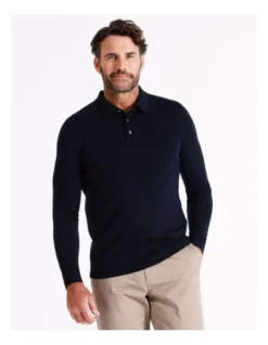Australian Merino Knitted Long Sleeve Polo In Navy