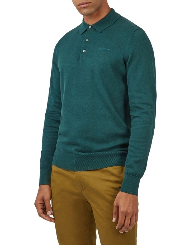 Ben Sherman Signature Long Sleeve Knitted Polo In Green 3 Ben Sherman Signature Long Sleeve Knitted Polo In Green