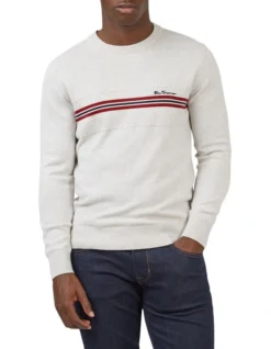 Ben Sherman Chest Stripe Crew Knit In Ivory