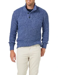 Oscar Button Neck Knit In Denim Blue