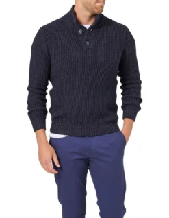 Oscar Button Neck Knit In Navy